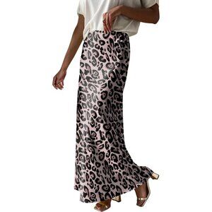 Elegant Satin Maxi Skirt for Women High Waisted Leopard Silk Fall Dressy Casul